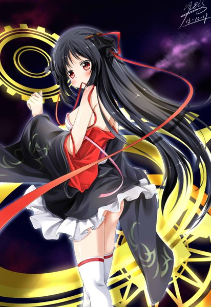 Anime picture 2031x2952 with machine-doll wa kizutsukanai yaya (machine-doll) yomi yasou single long hair tall image blush highres light erotic black hair red eyes signed traditional clothes japanese clothes looking back girl thighhighs ribbon (ribbons) white thighhighs kimono