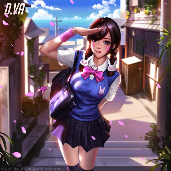Anime picture 6000x6000 with overwatch blizzard entertainment d.va (overwatch) liang xing single long hair looking at viewer blush fringe highres breasts brown hair standing brown eyes signed absurdres sky cloud (clouds) outdoors braid (braids)