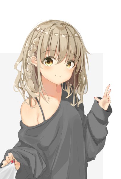 Anime picture 2148x3169 with original sashima single long hair tall image looking at viewer blush fringe highres blonde hair simple background hair between eyes white background holding yellow eyes upper body braid (braids) nail polish off shoulder sleeves past wrists