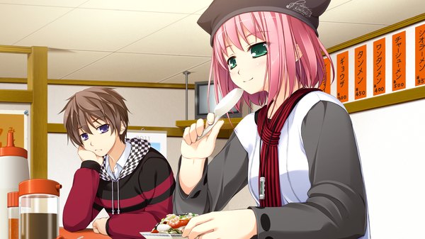 Anime picture 2560x1440 with shunki gentei poco a poco ninomae sakura kazami haruki highres short hair brown hair wide image purple eyes green eyes pink hair game cg girl boy hat food