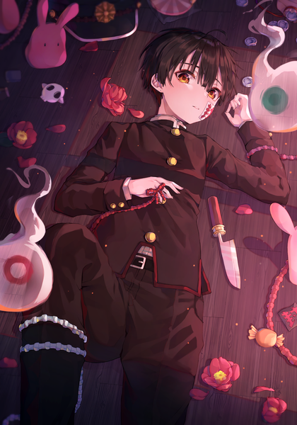 Anime picture 2453x3500 with jibaku shounen hanako-kun hanako (jibaku shounen hanako-kun) han seol single tall image looking at viewer blush fringe highres short hair black hair hair between eyes ahoge indoors lying parted lips from above on back orange eyes no hat