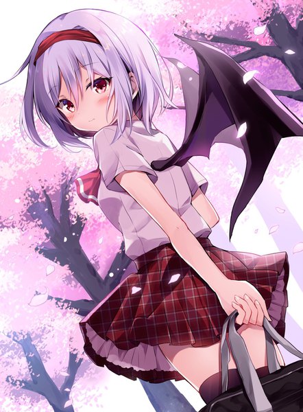 Anime picture 1511x2048 with touhou remilia scarlet hyurasan single tall image blush fringe short hair hair between eyes standing holding brown eyes silver hair outdoors looking back alternate costume cherry blossoms plaid skirt arm behind back bat wings