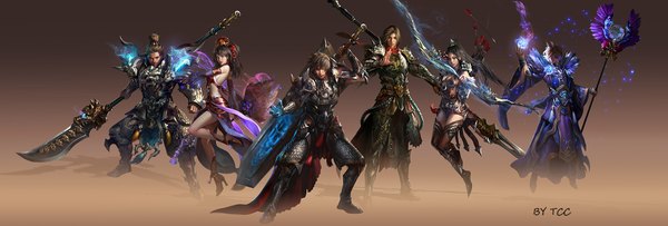 Anime picture 1800x609 with akizhao long hair short hair black hair simple background brown hair wide image signed ponytail magic glowing group girl boy hair ornament weapon scarf armor cape staff