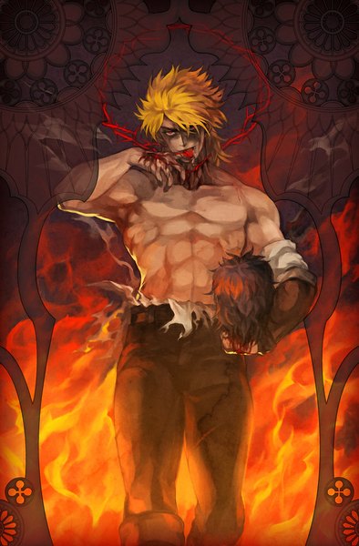 Anime picture 657x1000 with jojo no kimyou na bouken dio brando oburaato single tall image looking at viewer fringe short hair open mouth black hair blonde hair red eyes hair over one eye torn clothes muscle finger licking severed head boy tongue blood