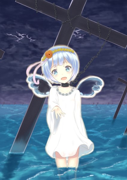 Anime picture 1000x1414 with original momo no kanzume single tall image looking at viewer short hair open mouth blue eyes silver hair girl dress water chain cross sundress wreath