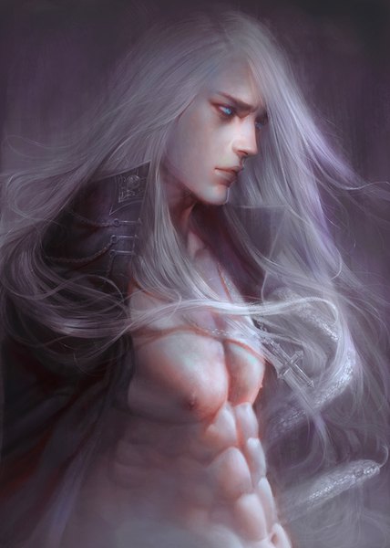 Anime-Bild 800x1122 mit original alexander (zeilyan) zeilyan single long hair tall image simple background looking away nipples upper body white hair aqua eyes lips realistic grey background open jacket muscle abs boy navel