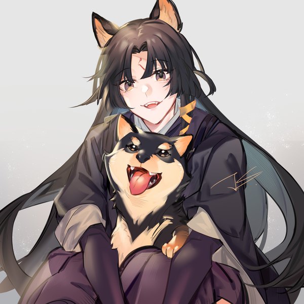 Anime picture 1800x1800 with arknights saga (arknights) jpdjs single long hair fringe highres black hair simple background brown eyes signed animal ears grey background tress ribbon forehead mark dog ears shiba inu girl ribbon (ribbons) hair ribbon