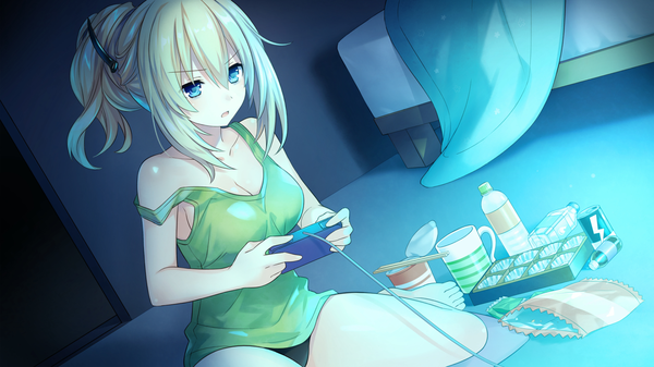 Anime picture 2048x1152 with choujigen game neptune brave neptune vert tsunako single long hair fringe highres breasts open mouth blue eyes light erotic blonde hair hair between eyes wide image sitting bare shoulders payot looking away game cg