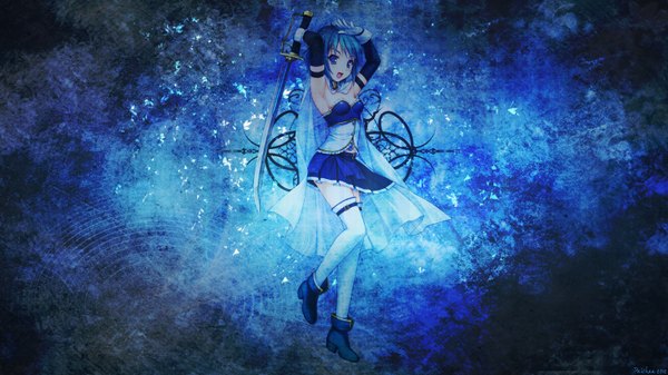 Anime picture 1600x900 with mahou shoujo madoka magica shaft (studio) miki sayaka sayori single blush short hair open mouth blue eyes wide image blue hair blue background girl thighhighs skirt gloves weapon detached sleeves white thighhighs sword