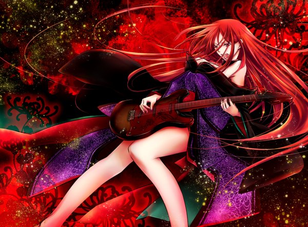 Anime picture 1350x1000 with utau namine ritsu long hair open mouth light erotic red eyes red hair legs otoko no ko space singing boy musical instrument guitar