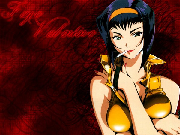 Anime picture 1024x768 with cowboy bebop sunrise (studio) faye valentine single short hair breasts light erotic black hair smile bare shoulders green eyes nail polish inscription wallpaper red background red nail polish girl hairband cigarette