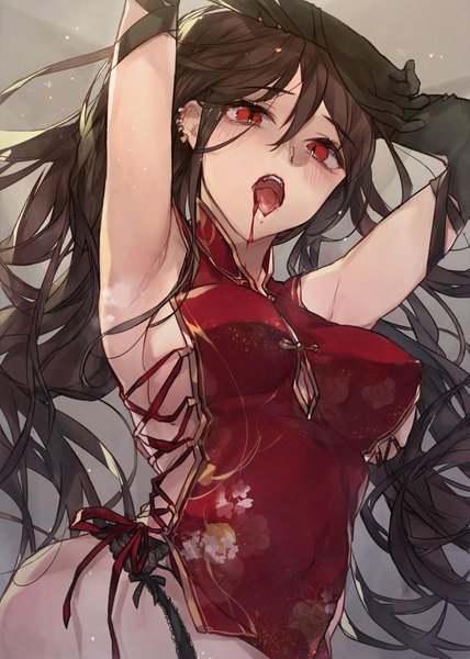 Anime picture 1161x1628 with fate (series) fate/grand order yu mei-ren (fate) yok01 single long hair tall image looking at viewer blush fringe breasts open mouth light erotic simple background hair between eyes red eyes brown hair large breasts payot lying