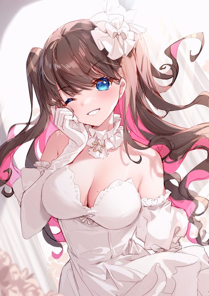 Anime picture 1200x1697 with virtual youtuber project sp agari raburi bison cangshu single long hair tall image looking at viewer blush fringe breasts blue eyes light erotic smile hair between eyes brown hair large breasts standing bare shoulders cleavage