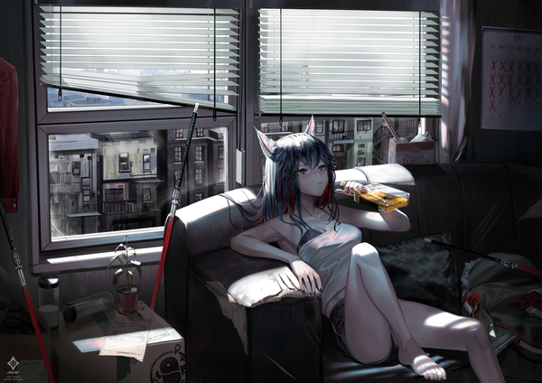 Anime picture 2105x1488 with arknights texas (arknights) a0lp single long hair fringe highres black hair bare shoulders holding brown eyes signed animal ears looking away bent knee (knees) nail polish multicolored hair barefoot fingernails from above