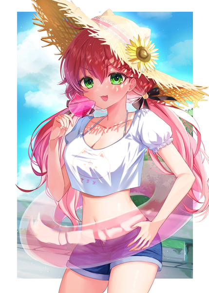 Anime picture 2500x3500 with virtual youtuber hololive sakura miko ineka ka single long hair tall image fringe highres open mouth hair between eyes twintails green eyes pink hair sky cleavage :d midriff low twintails border