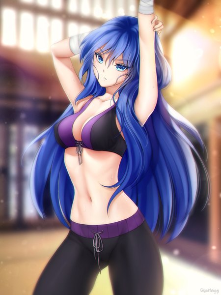 Anime picture 750x1000 with original gigamessy single long hair tall image looking at viewer blush fringe breasts blue eyes light erotic hair between eyes large breasts blue hair cleavage indoors head tilt barefoot blurry arms up
