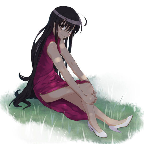 Anime picture 1000x1000 with shakugan no shana j.c. staff shana mokkei (artist) single long hair looking at viewer black hair smile sitting brown eyes legs chinese clothes girl plant (plants) grass chinese dress