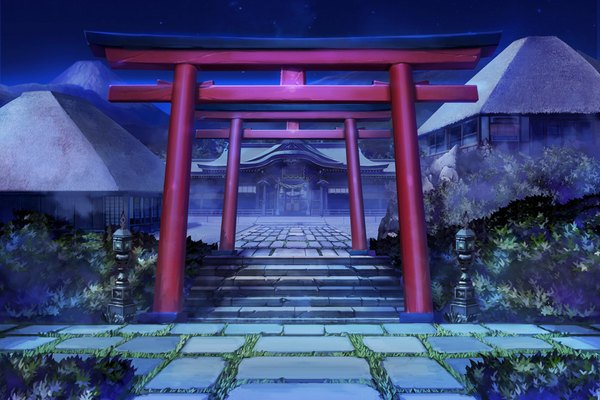 イラスト 1000x667 と オリジナル ｿﾞﾝﾐﾝ night night sky mountain no people fog 星 階段 鳥居 shrine