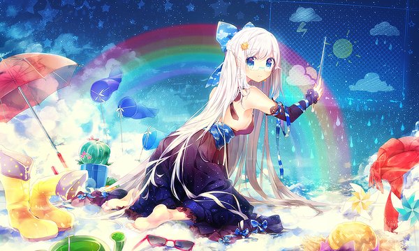Anime picture 1000x600 with original namie-kun single long hair fringe breasts blue eyes wide image bare shoulders sky cloud (clouds) very long hair barefoot rain lightning sunglasses removed girl dress bow plant (plants)