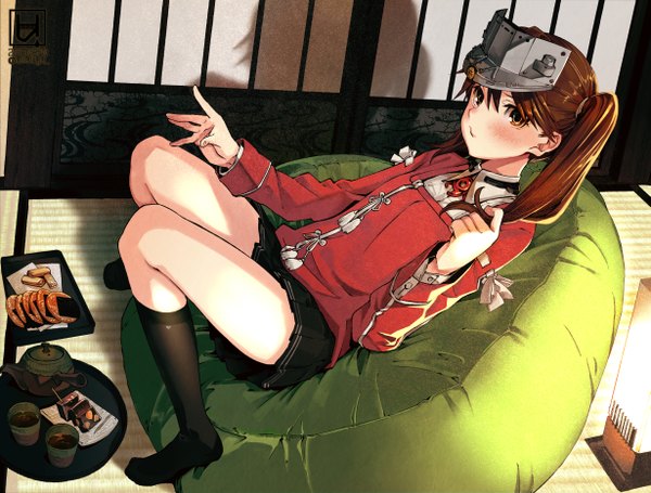 Anime picture 1229x934 with kantai collection ryuujou light aircraft carrier hato (ryusui) single long hair looking at viewer blush brown hair sitting twintails brown eyes pleated skirt girl skirt miniskirt socks food shoes black socks visor cap
