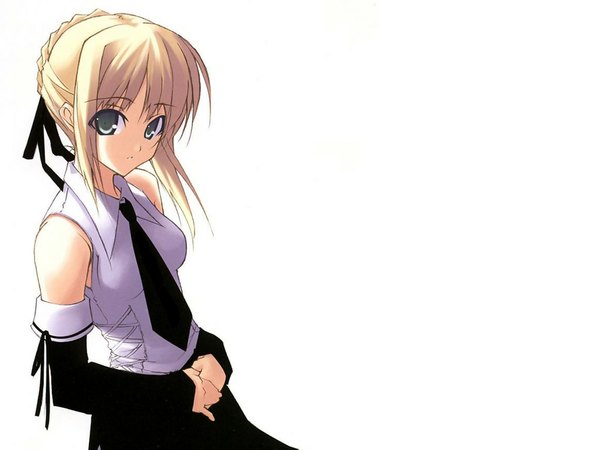 Anime picture 1024x768 with fate (series) fate/stay night studio deen type-moon artoria pendragon (all) saber looking at viewer short hair blonde hair white background green eyes girl ribbon (ribbons) hair ribbon necktie