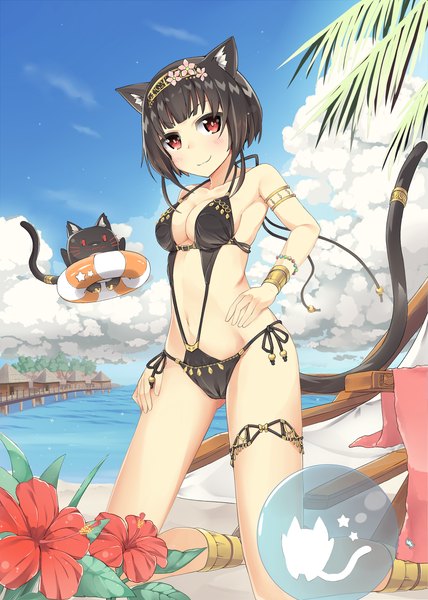 Anime picture 2600x3640 with original million arthur illustration contest million arthur irakon natsu kureha (angelite) single tall image blush fringe highres short hair breasts light erotic black hair smile red eyes animal ears sky cloud (clouds) tail animal tail