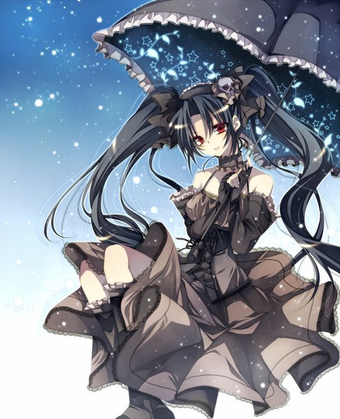 Anime picture 1300x1600 with vocaloid hatsune miku tsukioka tsukiho single tall image looking at viewer fringe black hair red eyes twintails bare shoulders holding glow girl dress hair ornament boots hairband black dress umbrella