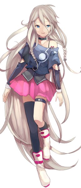 Anime picture 1102x2547 with vocaloid ia (vocaloid) single long hair tall image fringe blue eyes simple background blonde hair smile white background bare shoulders looking away braid (braids) very long hair aqua eyes light smile twin braids girl thighhighs