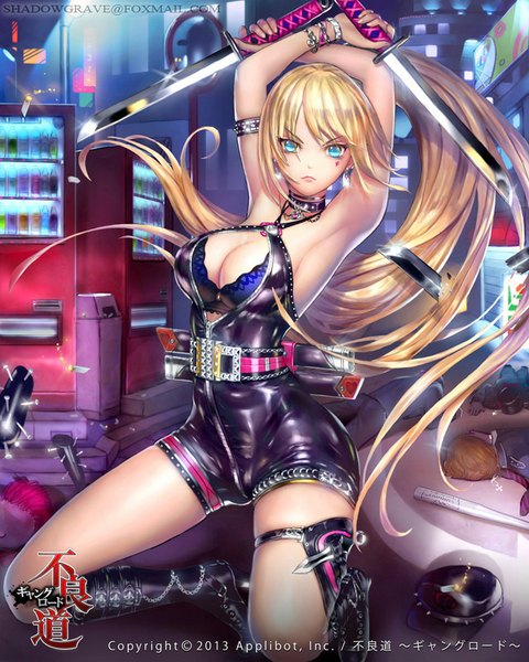 Anime picture 720x900 with furyou michi ~gang road~ shadowgrave long hair tall image breasts blue eyes light erotic blonde hair large breasts holding cleavage official art armpit (armpits) kneeling facial mark dual wielding girl underwear weapon earrings