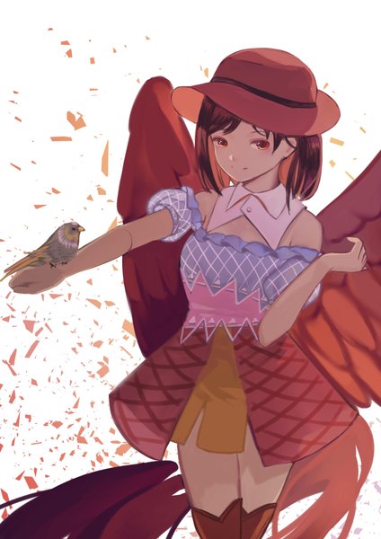 Anime picture 2480x3508 with touhou kurokoma saki sly930105 single tall image highres short hair smile red eyes brown hair white background outstretched arm bird on hand bad anatomy girl hat animal wings bird (birds) detached collar