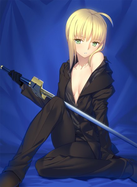 Anime picture 700x953 with fate (series) fate/stay night type-moon artoria pendragon (all) saber yangsion single long hair tall image blush light erotic blonde hair sitting holding green eyes looking away ahoge off shoulder open clothes no bra