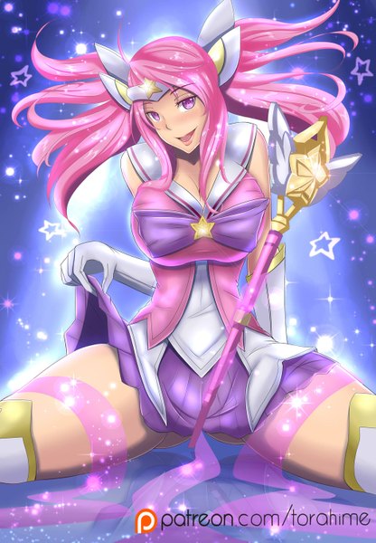 Anime picture 1024x1475 with league of legends lux (league of legends) star guardian lux torahime (roland00) single long hair tall image looking at viewer blush breasts light erotic smile purple eyes pink hair spread legs huge breasts girl gloves elbow gloves