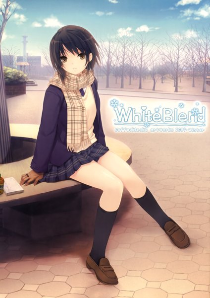 Anime picture 2121x3000 with original aoyama sumika coffee-kizoku single tall image looking at viewer highres short hair black hair sitting brown eyes sky cloud (clouds) open clothes open jacket bare tree knees touching girl uniform plant (plants)