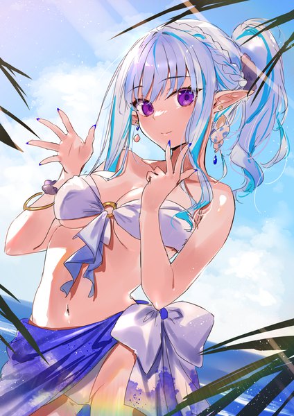 Anime picture 1131x1600 with original kasumi komo single long hair tall image looking at viewer breasts light erotic standing purple eyes payot silver hair outdoors ponytail braid (braids) nail polish multicolored hair pointy ears sunlight two-tone hair