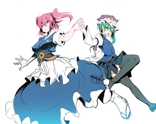 Anime picture 1000x793 with touhou onozuka komachi shikieiki yamaxanadu ajishio short hair open mouth simple background smile red eyes white background multiple girls green eyes pink hair green hair two side up holding hands girl thighhighs dress black thighhighs