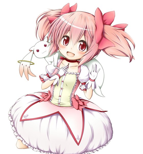 Anime picture 1029x1103 with mahou shoujo madoka magica shaft (studio) kaname madoka kyuubee kuena tall image blush fringe short hair open mouth twintails pink hair pink eyes puffy sleeves short twintails happy magical girl girl dress gloves