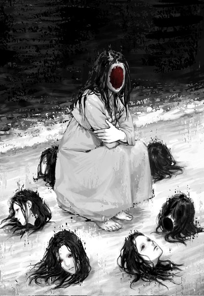 Anime picture 1412x2048 with original hxtxr666 single long hair tall image full body outdoors barefoot beach crossed arms squat no face polychromatic creepy severed head girl dress