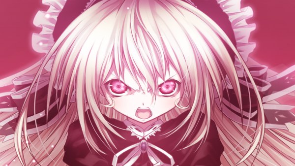 Anime picture 1280x720 with gothic delusion lo cura single long hair fringe open mouth blonde hair red eyes wide image loli lolita fashion angry girl dress bow ribbon (ribbons) hair ribbon jewelry