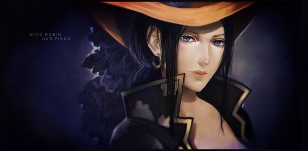 Anime picture 1185x585 with one piece one piece film: z toei animation nico robin felicemelancholie single long hair looking at viewer blue eyes black hair simple background wide image realistic inscription close-up girl hat earrings hoop earrings