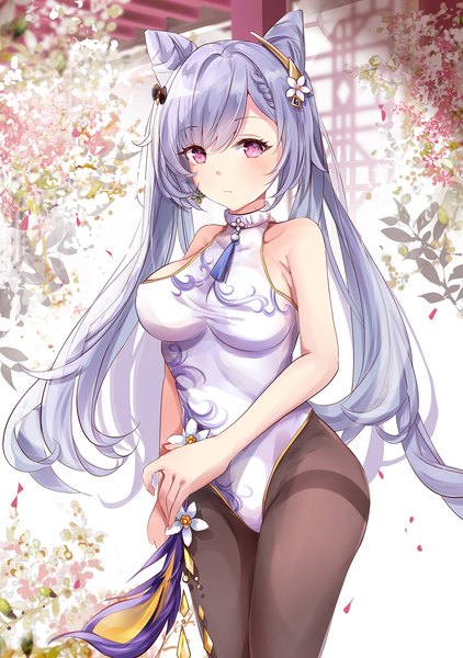 Anime picture 1056x1500 with genshin impact keqing (genshin impact) mutang single long hair tall image looking at viewer blush fringe breasts light erotic large breasts standing twintails bare shoulders payot purple hair braid (braids) pink eyes hair flower