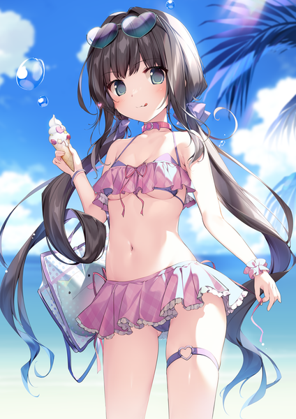 Anime picture 2480x3508 with original karory single long hair tall image looking at viewer blush fringe highres breasts light erotic black hair smile standing twintails holding payot sky cloud (clouds) outdoors