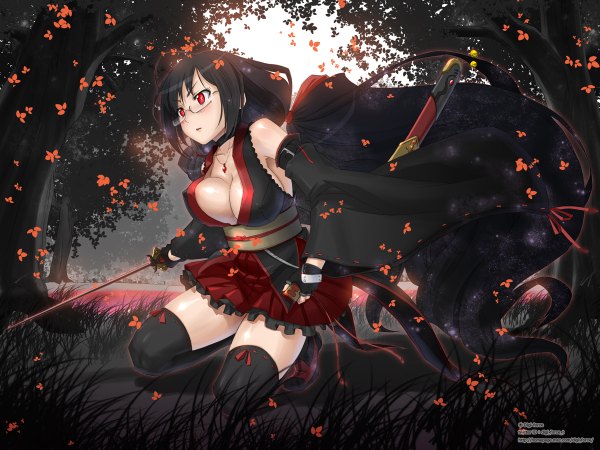 Anime picture 1200x900 with blood c production i.g kisaragi saya kimura tatsuki single long hair breasts light erotic black hair red eyes twintails girl thighhighs weapon black thighhighs plant (plants) sword tree (trees) glasses katana