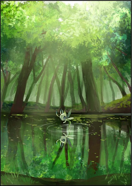 Anime picture 927x1300 with pokemon nintendo celebi yukin (es) single tall image border reflection no people ripples gen 2 pokemon plant (plants) tree (trees) forest pokemon (creature) pond