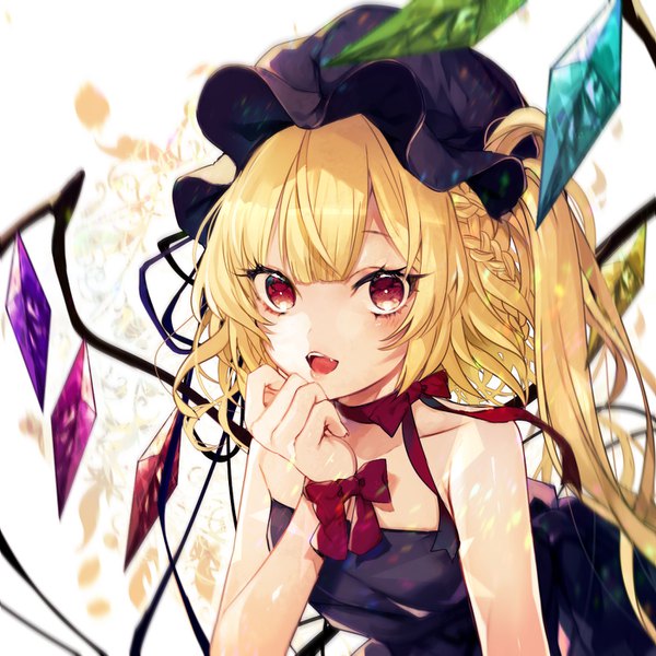 Anime picture 1400x1400 with touhou flandre scarlet renkarua single looking at viewer fringe short hair blonde hair hair between eyes red eyes bare shoulders braid (braids) lips fang (fangs) one side up side braid girl bow ribbon (ribbons) wings