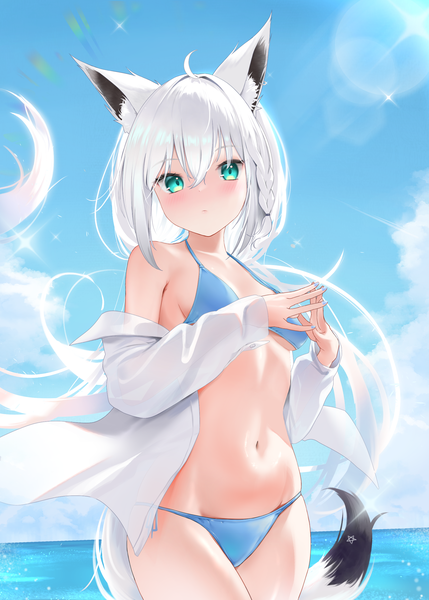 Anime picture 1776x2485 with virtual youtuber hololive shirakami fubuki miaohik single long hair tall image looking at viewer blush fringe highres breasts light erotic hair between eyes standing animal ears payot sky cloud (clouds) ahoge