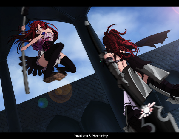 Anime picture 2124x1650 with fairy tail erza scarlet erza knightwalker phoenixroy long hair highres light erotic brown eyes sky red hair light jumping girl weapon armor