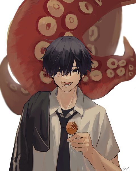 Anime picture 2004x2518 with chainsaw man mappa yoshida hirofumi octopus devil (chainsaw man) null (skev7724) single tall image fringe highres short hair open mouth black hair hair between eyes upper body :d black eyes mole eating mole under mouth boy