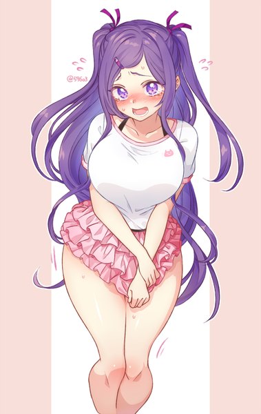 Anime picture 592x937 with doki doki literature club yuri (doki doki literature club) nan (gokurou) single long hair tall image looking at viewer blush breasts open mouth light erotic simple background large breasts standing purple eyes holding signed purple hair short sleeves sweat