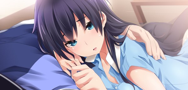 Anime picture 2250x1080 with brava! long hair blush highres open mouth blue eyes black hair wide image game cg girl