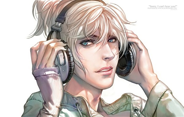 Anime picture 1109x707 with original virus-ac74 single simple background blonde hair white background aqua eyes lips realistic portrait face boy headphones